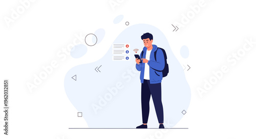 Young man with backpack using smartphone, abstract shapes background, modern illustration
