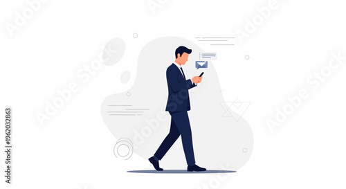 Businessman walking and checking phone, receiving email notification