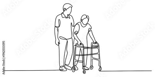 Continuous line drawing of a young man helping an elderly woman using a walker for mobility Vector, illustration