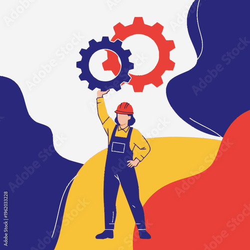 Industrial worker holding gears symbolizing teamwork and progress.