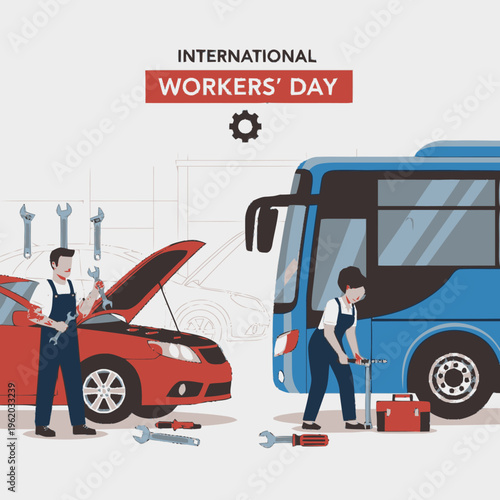 International Workers Day celebrated with mechanics fixing vehicles.