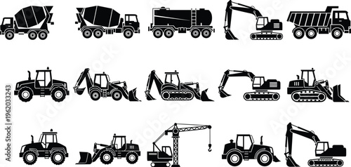 Set of black heavy construction machinery silhouettes including excavator crane concrete mixer bulldozer and dump truck isolated on white background