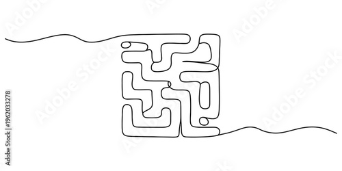 Continuous line drawing of a complex maze labyrinth in a square shape on white background. Vector, illustration