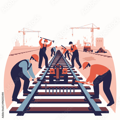 Railway workers constructing and repairing train tracks with tools.
