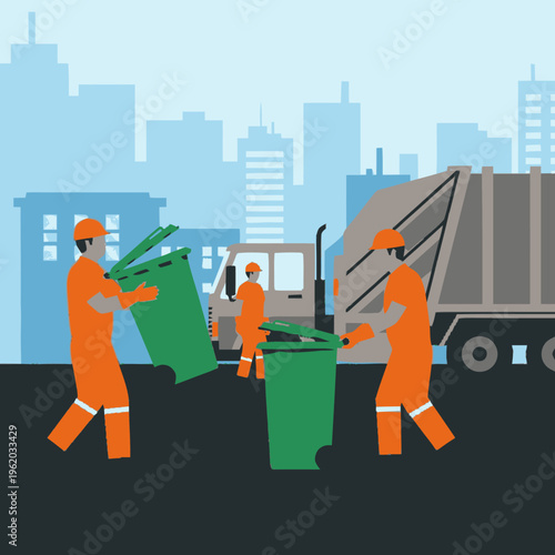Sanitation workers collecting garbage bins near truck.