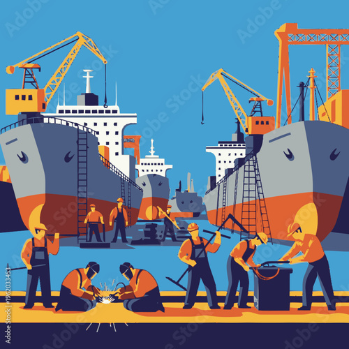 Shipyard workers engaged in construction and repair activities.