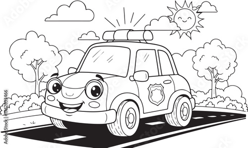 Smiling police car, cartoon vehicle, road scene, coloring book illustration isolated on Transparent Background