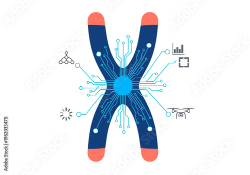 Vibrant vector illustration of chromosome with circuit board patterns and tech icons exploring genetics technology fusion
