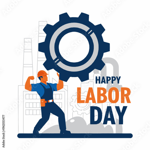 Strong construction worker holding a large gear celebrating Labor Day.