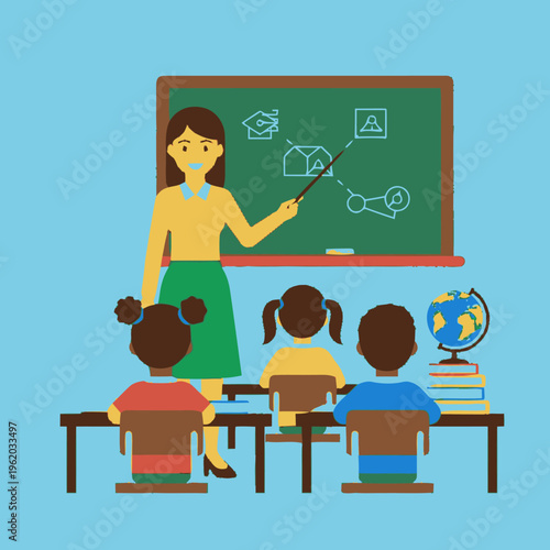 Teacher instructing young students in a classroom setting.