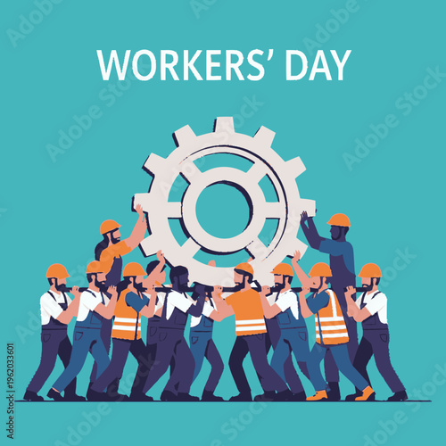 Workers Day Teamwork Building Large Gear Symbolizing Industry.