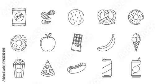 Assorted Junk Food Icons - Chips, Pizza, Soda, and Sweets.