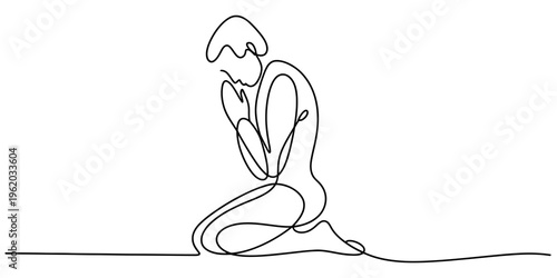 Minimalist one line drawing of a person kneeling in prayer with hands joined together Vector, illustration