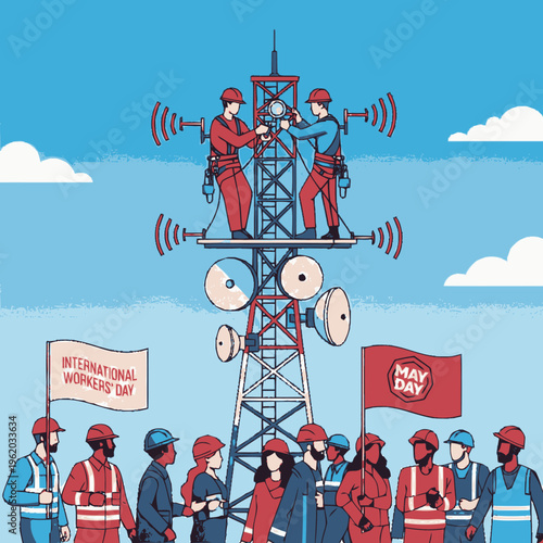 Workers on communication tower celebrating May Day.
