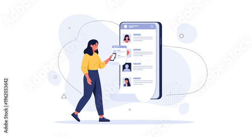 Woman using smartphone to browse profiles on a large screen interface, online recruitment concept