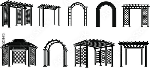 Set of black silhouette garden pergolas gazebo and archway icons isolated on white background for landscape design backyard and outdoor living