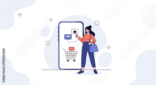 Woman shopping online using smartphone, adding items to virtual cart, e-commerce concept