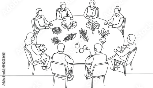 people sitting around a table with food