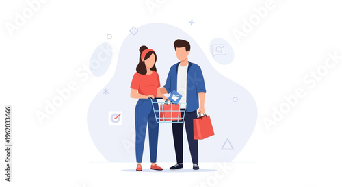 Couple Shopping Together with Cart and Bags, Flat Design Illustration