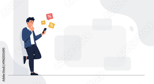 Man with smartphone, thinking about discounts and sales