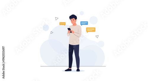 Young Man Texting on Smartphone with Chat Bubbles, Modern Flat Illustration