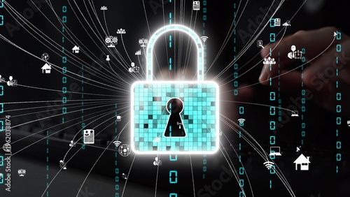 Bild auf Leinwand This image captures a digital padlock surrounded by icons representing the internet of things, highlighting the importance of cyber security and data protection in the modern world