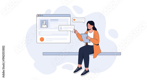 Woman using tablet interacting with social media profile on screen, online communication concept