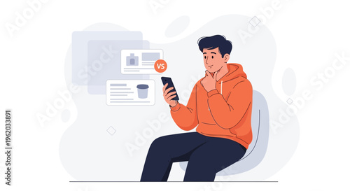 Man choosing between products on smartphone, comparison concept illustration