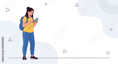 Young woman with backpack using smartphone, minimalist geometric background