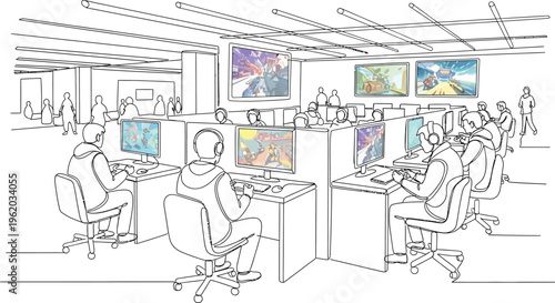 office workers sitting at desks with computers and screens