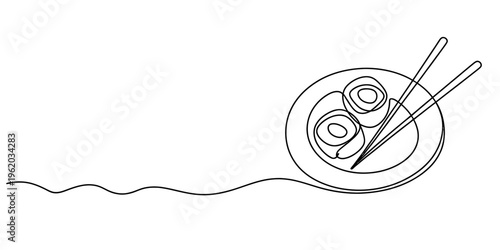 Continuous line drawing of sushi rolls on a plate with chopsticks against a white background. Vector, illustration