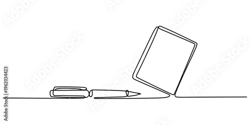 One continuous line drawing of a pen and a digital tablet or notebook on a white background Vector, illustration