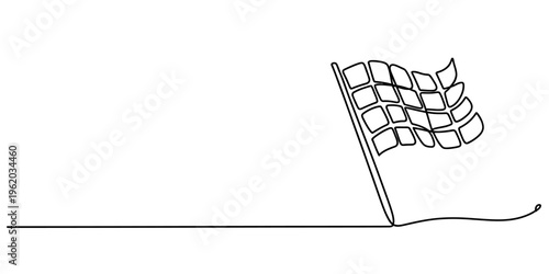 Continuous line drawing of a checkered racing flag waving on a pole for a finish line Vector, illustration