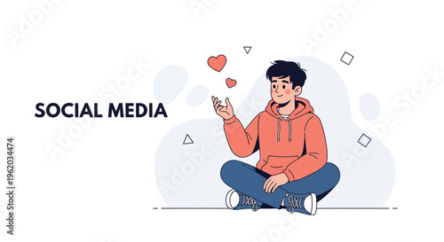Young man sending love on social media, illustration