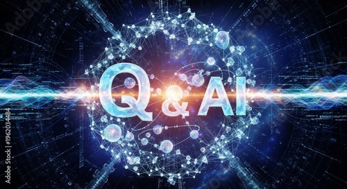 Illuminated digital sphere displaying 'Q & AI' text, surrounded by a network of glowing particles and abstract light patterns.