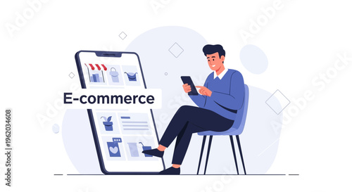 Man using smartphone for online shopping, e-commerce concept, digital marketplace, modern lifestyle