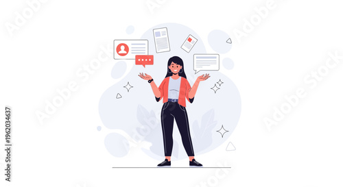 Woman juggling tasks: communication, data, and personal profile management
