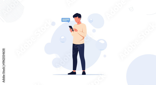 Man Texting on Smartphone with Chat Bubbles, Modern Flat Illustration