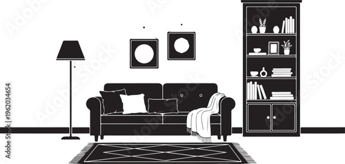 Modern living room, black and white interior, vector illustration, home decor isolated on Transparent Background