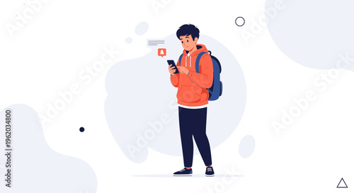 Teenager with backpack using smartphone, notification icon on screen, social media concept