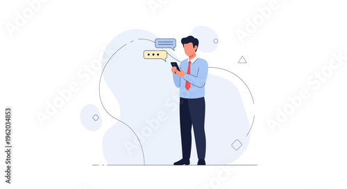 Man in business attire texting on smartphone with speech bubbles, modern flat illustration
