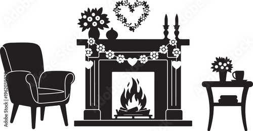 Black fireplace, chair, table, vector icons, home decor isolated on Transparent Background