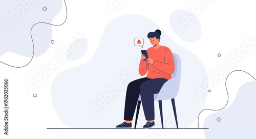 Person sitting on chair checking phone with notification bell icon above