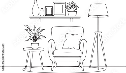 Minimalist living room, cozy furniture, interior design elements, line art isolated on Transparent Background