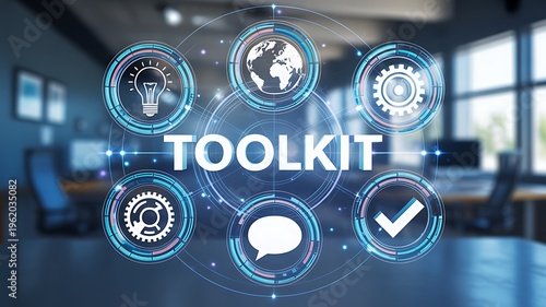 Digital toolkit interface with icons in office environment productivity software concept