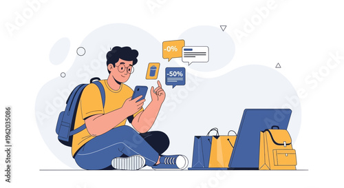 Young man using smartphone, shopping bags, discounts, online shopping concept