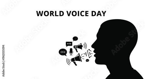 World Voice Day concept vector illustration showing a person's silhouette speaking with various communication and sound icons
