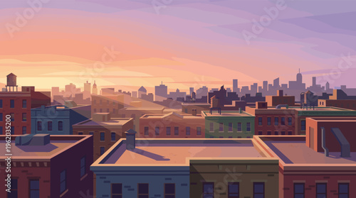 Vector illustration of city rooftops and skyline at a warm, beautiful sunset. This atmospheric urban landscape is perfect for backgrounds and web banners.