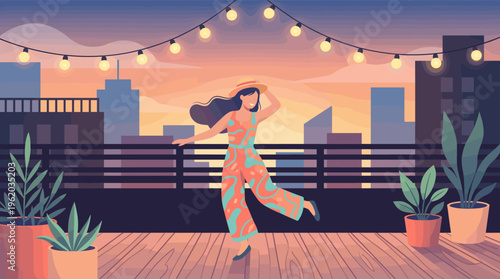 A stylish woman in a jumpsuit dances on a rooftop at sunset. This joyful vector illustration evokes a carefree summer party vibe, perfect for event or lifestyle concepts.