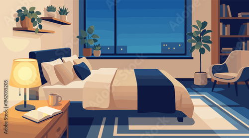 Calm and cozy bedroom interior at night. A warm lamp lights a book beside the bed. Ideal for sleep, relaxation, or hygge lifestyle concepts. Modern flat vector art.